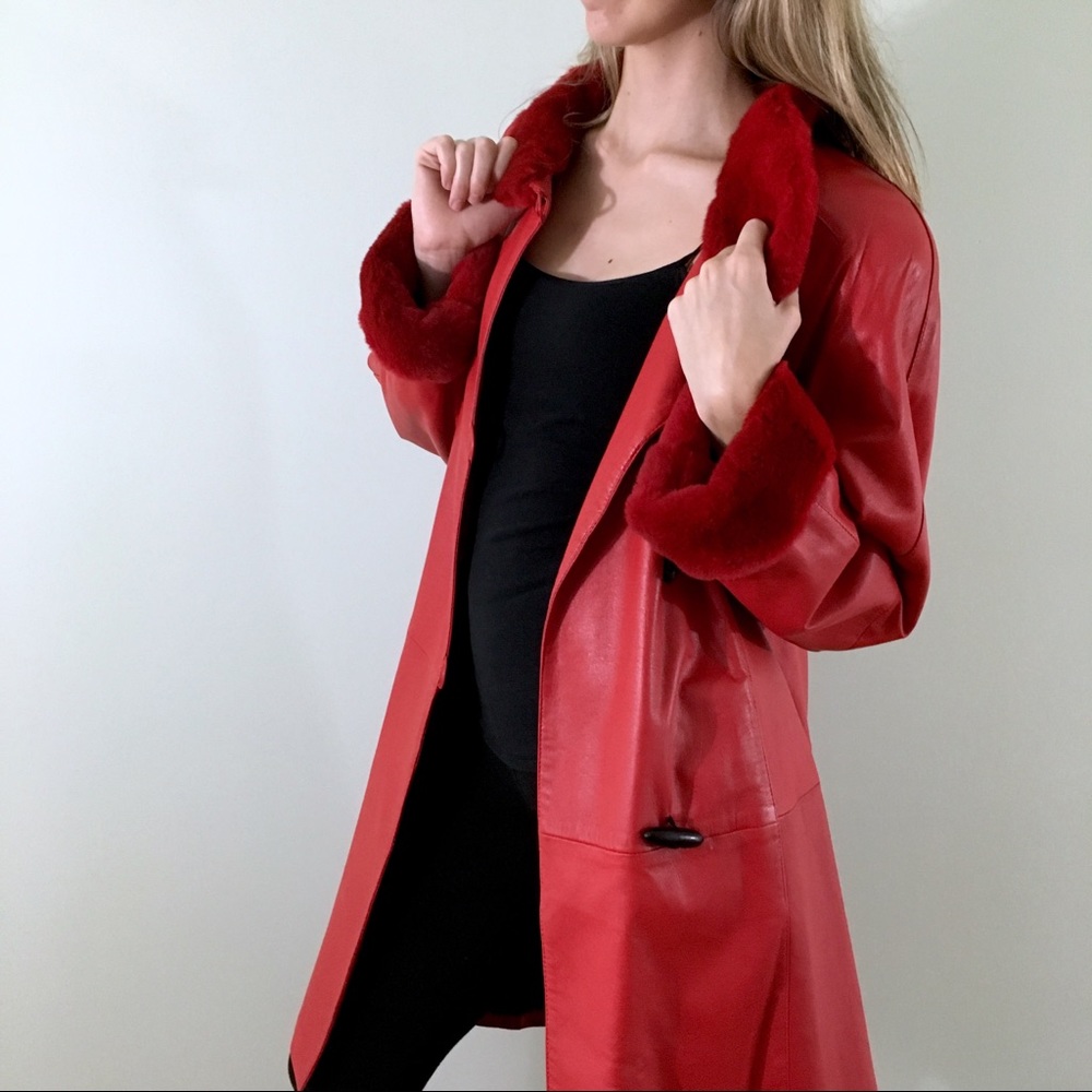 80s Vintage Red Leather Rabbit Fur Trim Coat